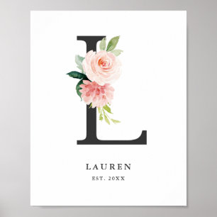Affiche Letter L Monogram Watercolor Peach Florals Nursery