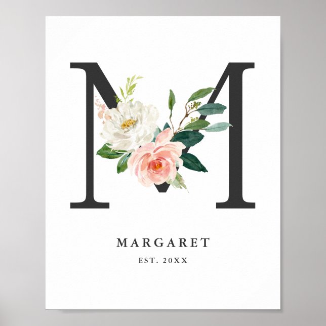 Affiche Letter M Monogram Watercolor Peach Florals Nursery (Devant)