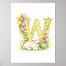 Letter W Gold Spring Nature Monogram Baby Lamb Kid