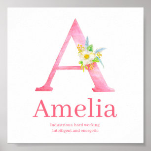 Affiche Lettre A aquarelle art rose Amelia nom signifiant