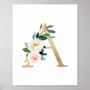 Affiche Lettre A Blush Floral Monogramme Faux Gold Foil