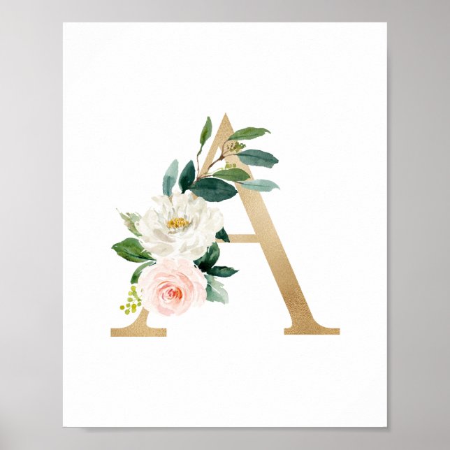 Affiche Lettre A Blush Floral Monogramme Faux Gold Foil (Devant)