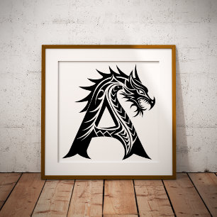 Affiche Lettre A de style dragon, alphabet du dragon, mono