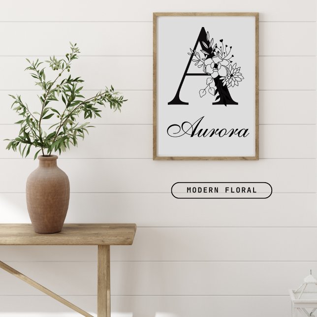 Affiche Lettre A Floral Moderne Noir Monogram Nursery (Créateur téléchargé)