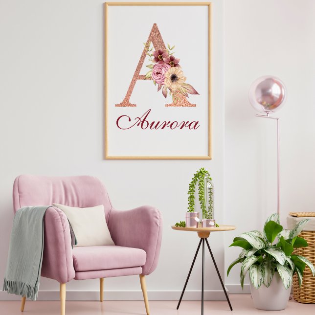 Affiche Lettre A Floral Rose Gold Monogram Nursery (Créateur téléchargé)