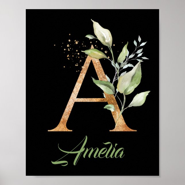 Affiche Lettre A monogramme feuillage eucalyptus or noir (Devant)