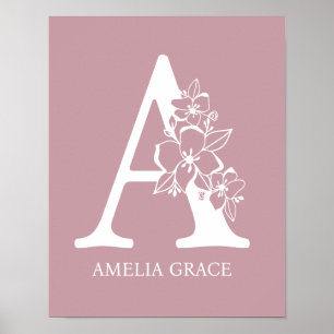 Affiche Lettre A Monogramme Floral Nom Nurserie Moderne