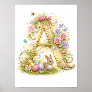 Affiche Lettre A Monogramme Nature Printemps Or Enfants