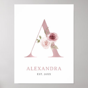 Affiche Lettre A Monogramme Rose d'aquarelle Florals Nurse