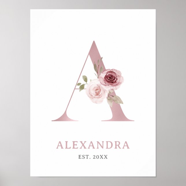 Affiche Lettre A Monogramme Rose d'aquarelle Florals Nurse (Devant)