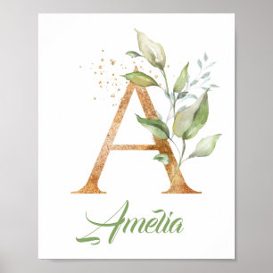 Affiche Lettre A monogramme verdure eucalyptus or