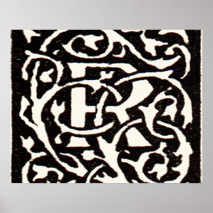 Affiche Lettre Art Nouveau R Monogramme Vintage