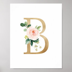 Affiche Lettre B Blush Floral Monogramme Faux Gold Foil