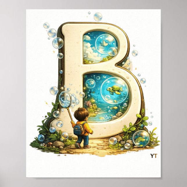 Affiche Lettre B Initiale | Cadeau Alphabet Aquarelle (Devant)