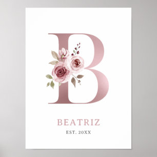 Affiche Lettre B Monogramme Aquarelle Rose Florals Nursery