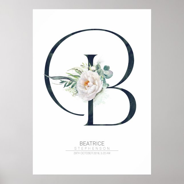 Affiche Lettre B Monogramme Fleurs Blanches et Feuillage (Devant)