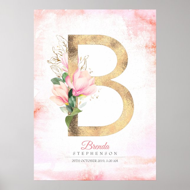 Affiche Lettre B Monogramme Or Feuilles Magnolia Rose Flor (Devant)