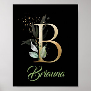 Affiche Lettre B monogramme verdure eucalyptus or noir