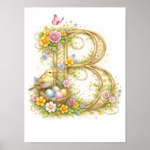 Affiche Lettre B Or Printemps Nature Monogramme Enfants