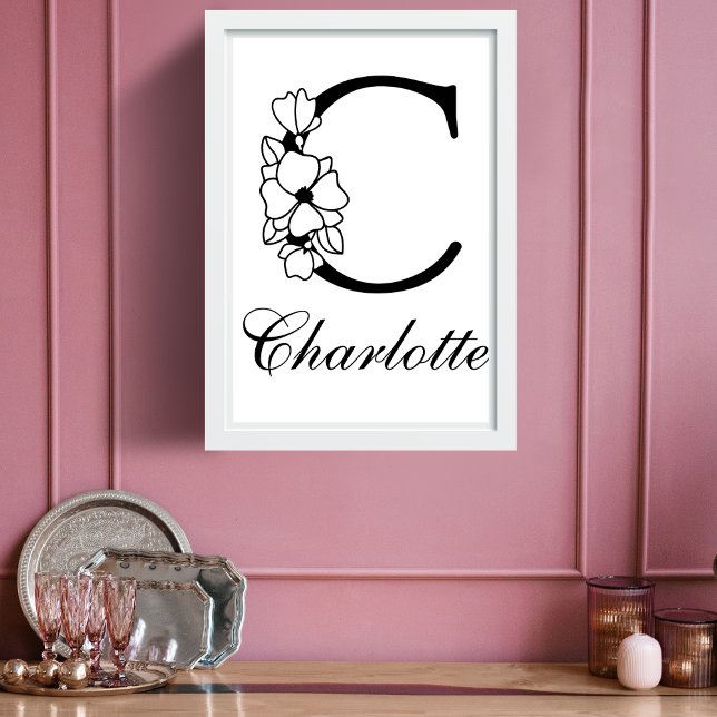 Affiche Lettre C Floral Moderne Noir Monogram Nursery (Créateur téléchargé)