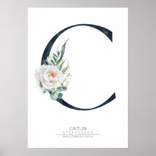 Affiche Lettre C Monogramme Fleurs blanches et verdure