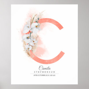 Affiche Lettre C Monogramme Orchidées blanches et laiton d