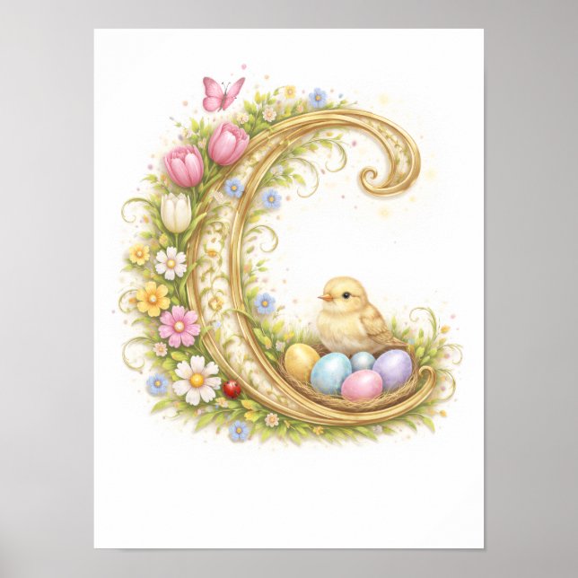 Affiche Lettre C Monogramme Poussin de printemps doré bébé (Devant)
