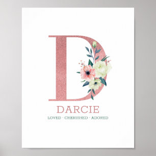 Affiche Lettre D Monogramme Aquarelle Rose Fleurs Nursery