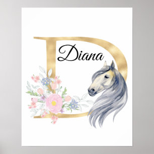 Affiche Lettre D monogramme personnalisé avec cheval