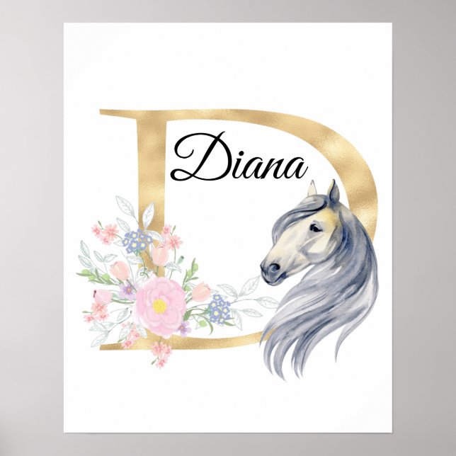 Affiche Lettre D monogramme personnalisé avec cheval (Devant)
