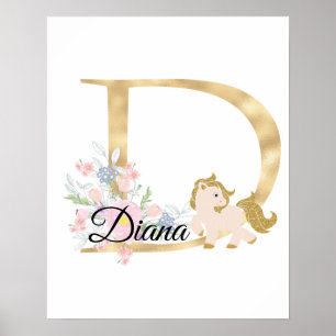 Affiche Lettre D monogramme personnalisé avec poney