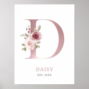 Affiche Lettre D Monogramme Rose d'aquarelle Florals Nurse