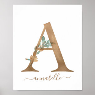 Affiche LETTRE D'Aquarelle Florale D'OR MONGRAPHIQUE A POS