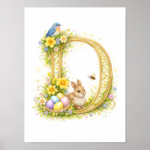 Affiche Lettre de crèche D Lapin bébé initiale or floral