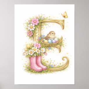 Affiche Lettre de crèche E Oiseau bébé initiale or floral