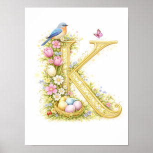 Affiche Lettre de crèche K bébé merle bleu initiale floral