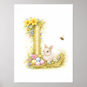 Affiche Lettre de crèche L Lapin bébé initiale or floral