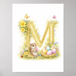 Affiche Lettre de crèche M Bébé hamster initiale or floral