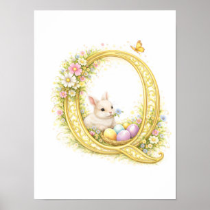Affiche Lettre de crèche Q Lapin bébé initiale florale or