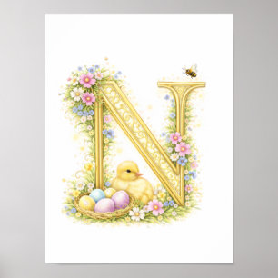 Affiche Lettre de la nurserie N Caneton initiale or floral