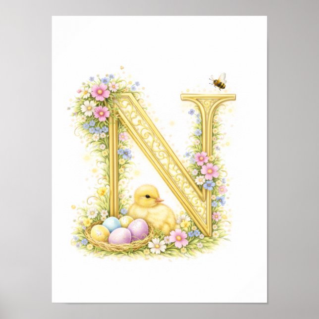 Affiche Lettre de la nurserie N Caneton initiale or floral (Devant)