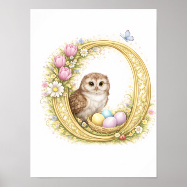 Affiche Lettre de la nurserie O Chouette bébé initiale dor (Devant)