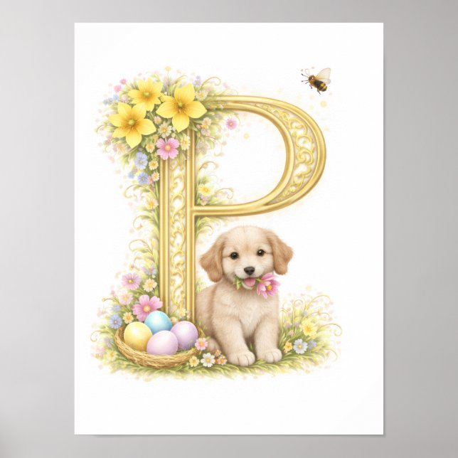 Affiche Lettre de la nurserie P Bébé chiot initiale or flo (Devant)