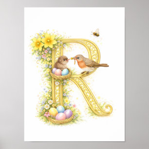 Affiche Lettre de la nurserie R Bébé Robin Initiale Floral