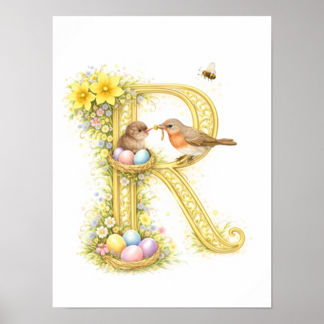Affiche Lettre de la nurserie R Bébé Robin Initiale Floral (Devant)