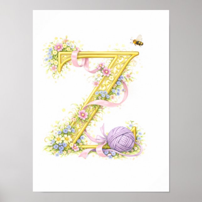 Affiche Lettre de la nurserie Z fil bébé initiale florale  (Devant)
