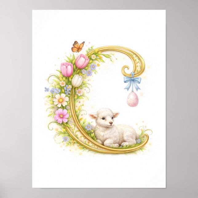 Affiche Lettre de maternelle C agneau bébé initiale or flo (Devant)
