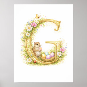 Affiche Lettre de maternelle G Écureuil bébé initiale or f
