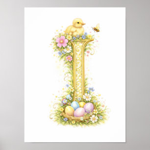 Affiche Lettre de maternelle I Caneton initial floral or