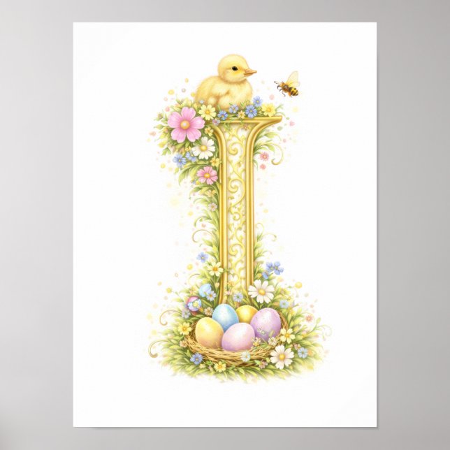 Affiche Lettre de maternelle I Caneton initial floral or (Devant)